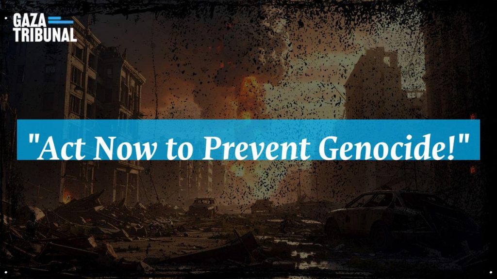 A poster urging immediate action against genocide with powerful imagery.