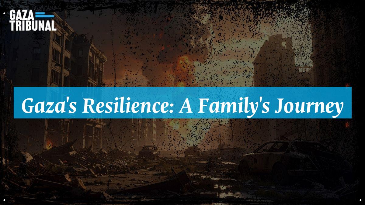 A family stands amidst rubble, holding each other closely in a devastated neighborhood of Gaza.