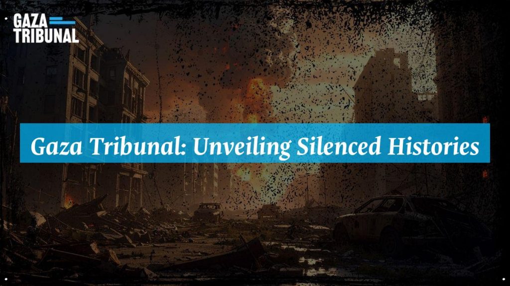 A gathering of activists discussing the Gaza Justice Inquiry amidst poignant visuals of conflict.