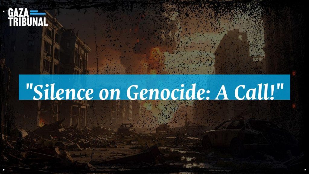 A powerful protest sign reading 'Silence on Genocide: A Call!' at a rally.