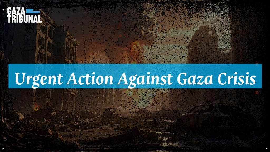 Activists rally with signs demanding action for Gaza's humanitarian crisis.