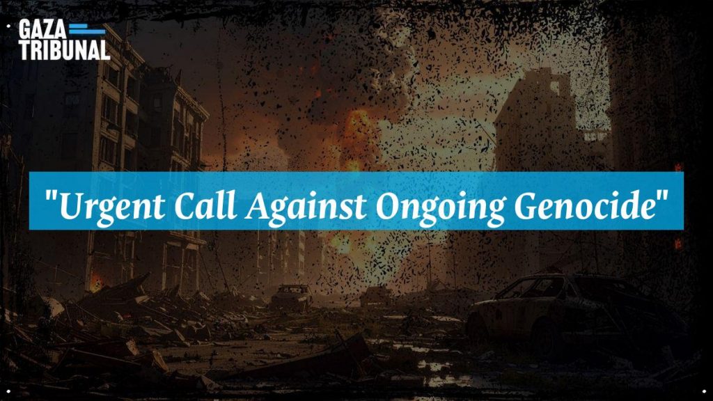 A group of activists gather, holding banners demanding action against the genocide in Gaza.