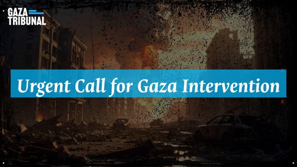 A group of activists gather, holding banners demanding urgent action for Gaza's humanitarian crisis.