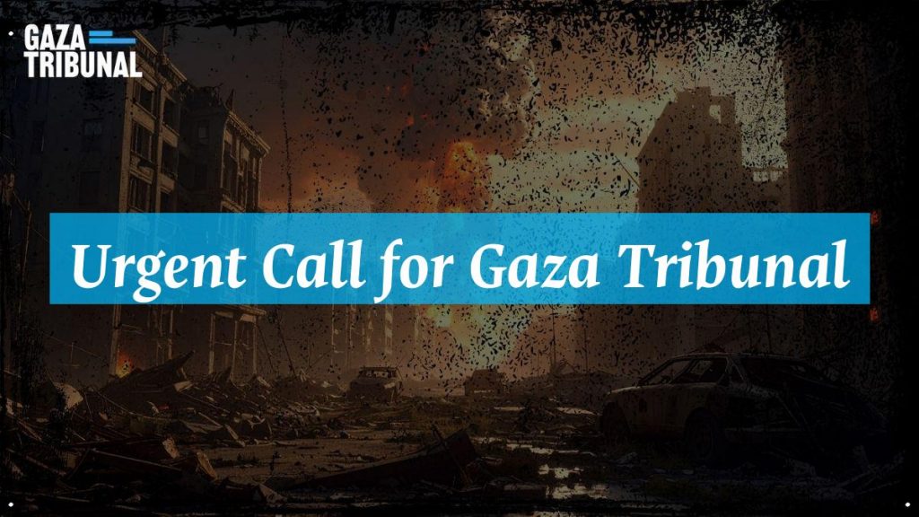A group of activists gather to discuss urgent actions for justice in Gaza, holding signs and banners.