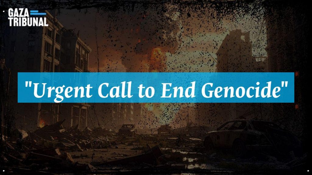 A powerful banner reading 'End Genocide' held by activists during a protest.