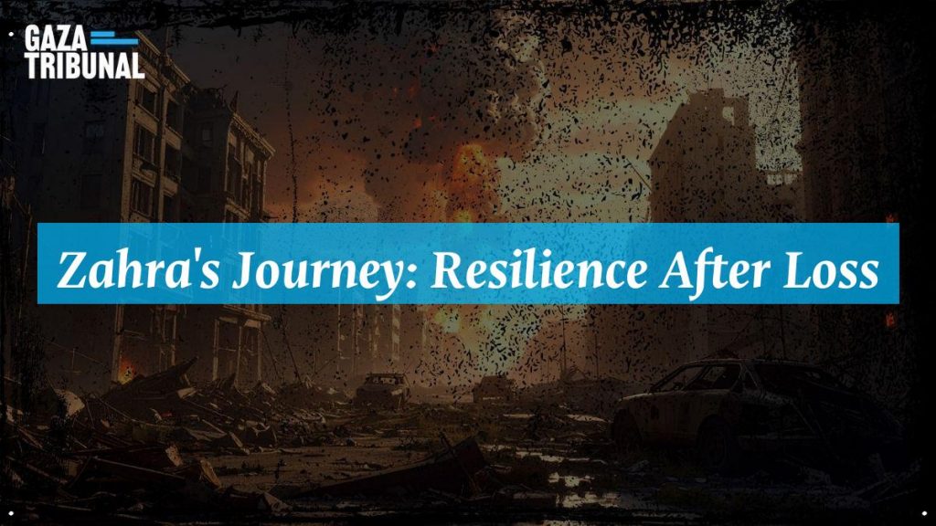 Zahra Al-Rantisi stands contemplatively, reflecting on her past amidst a backdrop of destruction.