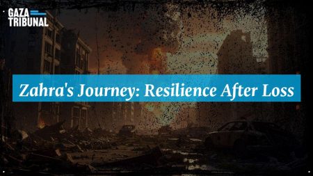 Zahra Al-Rantisi stands contemplatively, reflecting on her past amidst a backdrop of destruction.